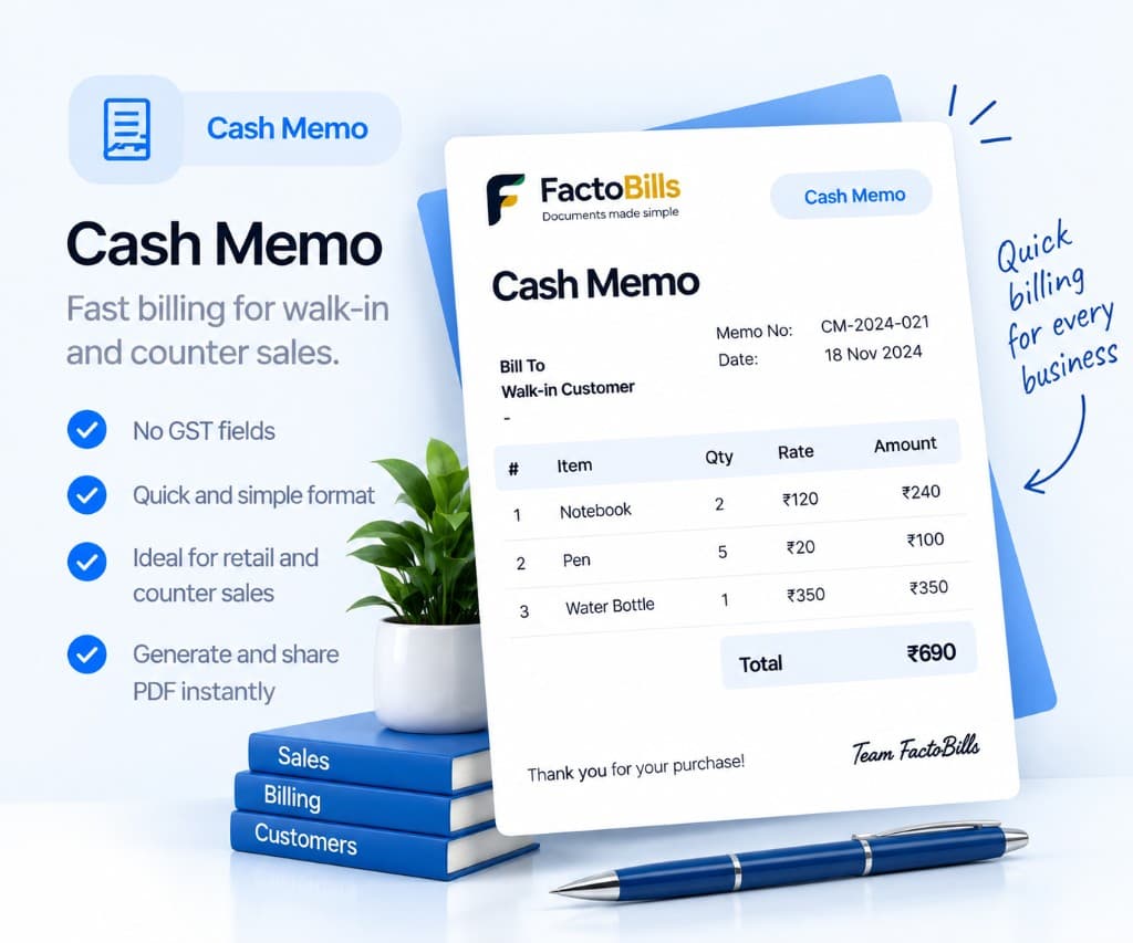 Credit memo for walk-in and counter sales with item, qty, rate, and amount — no GST fields