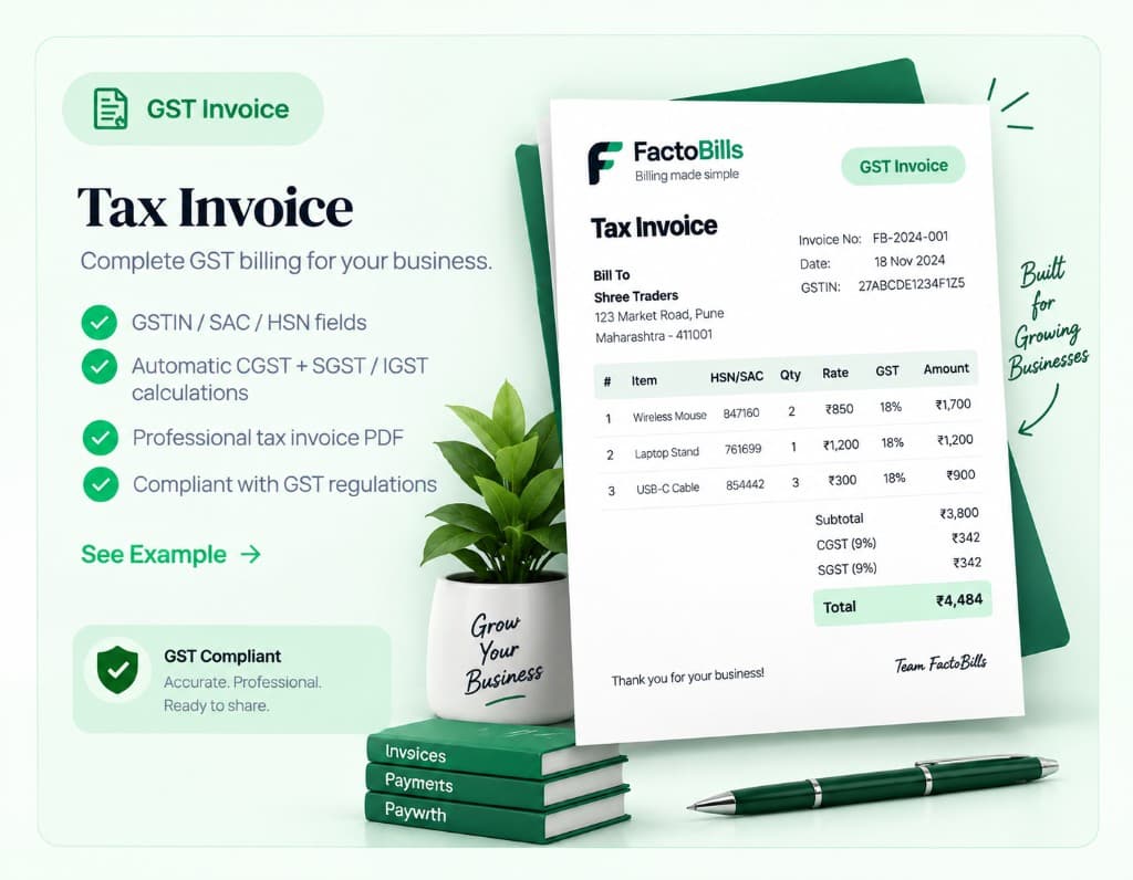 GST tax invoice with GSTIN, HSN, CGST and SGST, plus a professional PDF preview