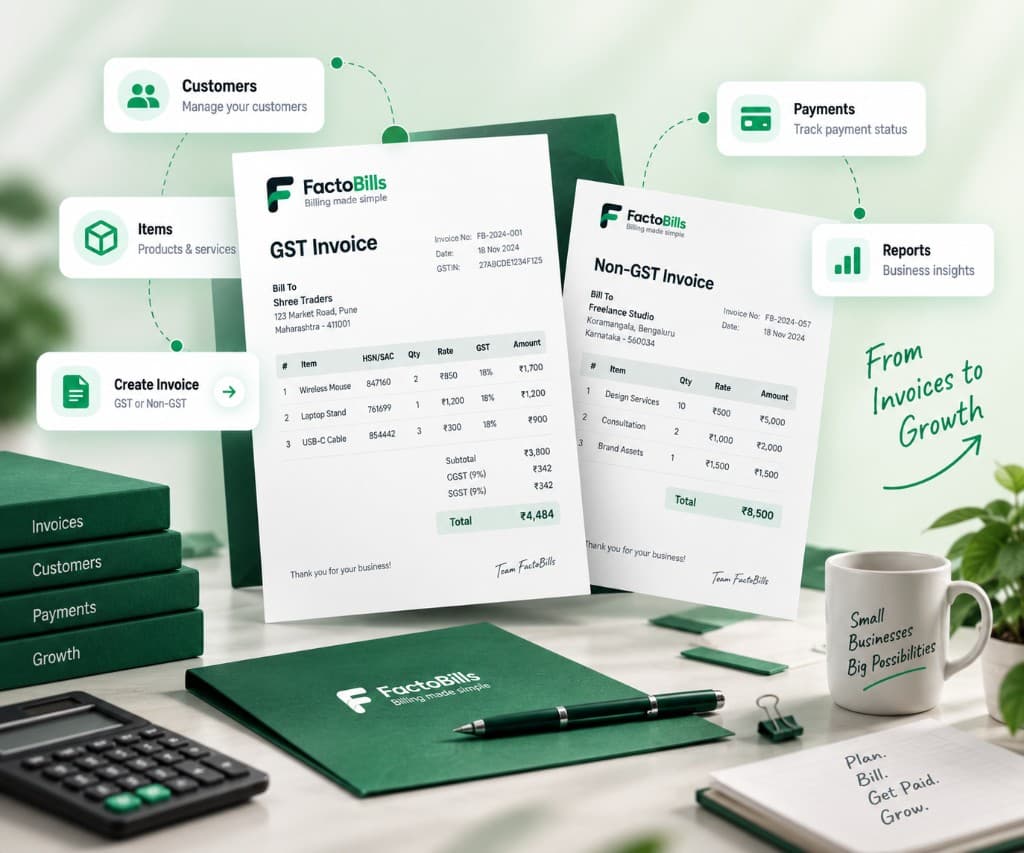 FactoBills GST and Non-GST invoices with customers, payments, and reports