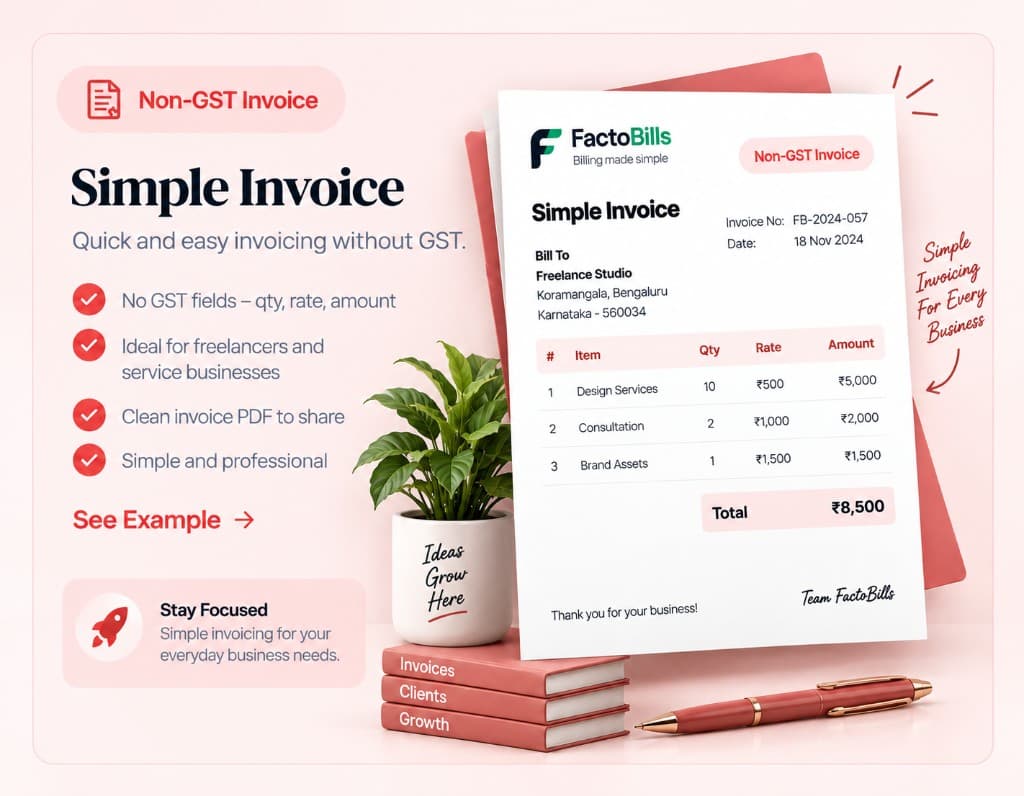 Non-GST simple invoice with qty, rate, and amount — no GST fields