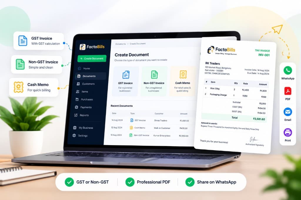 FactoBills create document screen — GST Invoice, Non-GST Invoice, and Credit Memo on a laptop with tax invoice preview